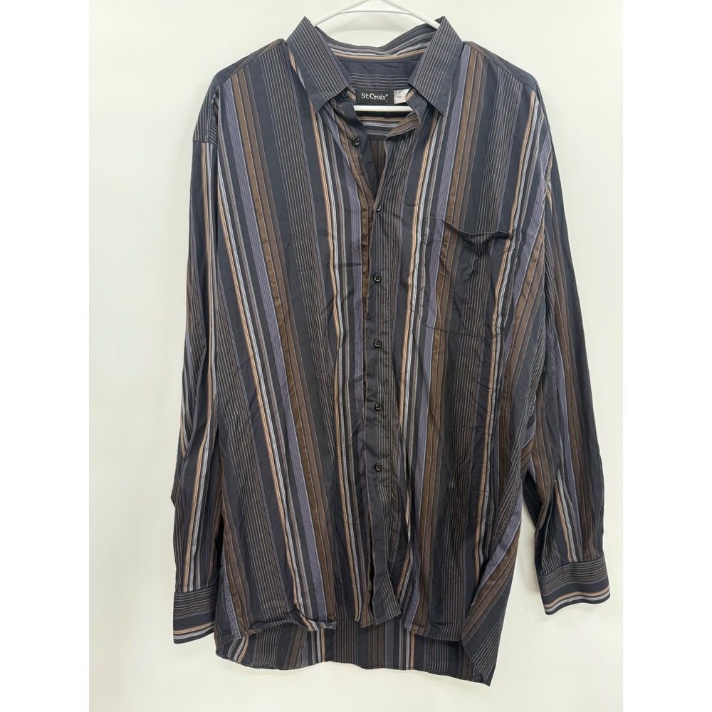 St. Croix XL Button Down Shirt Mens Navy Brown Striped Long Sleeve Pocket
